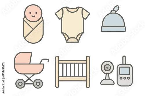 Essential objects for newborn babies including swaddled infant, bodysuit, crib, and video monitor