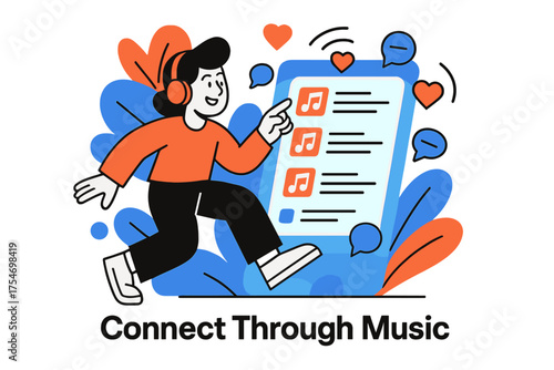 Connecting Through Music. Music and social media. Character interacting with glowing social media feed with