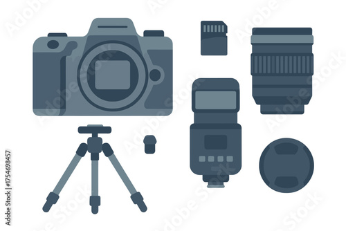 Professional digital camera equipment set with DSLR body, telephoto lens, external flash, and tripod