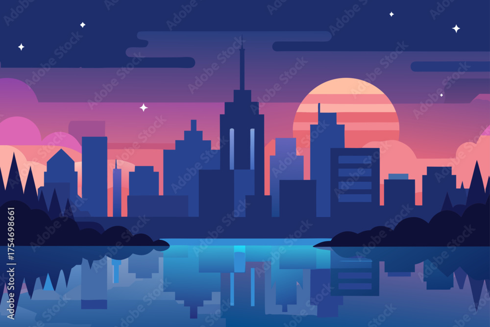 Fototapeta premium Twilight city skyline glowing calm river vector illustration