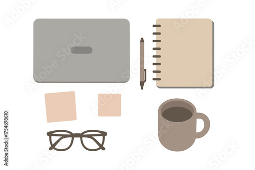 Minimalist flat lay of essential workspace items: laptop, notebook, coffee, glasses