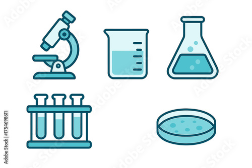 Scientific laboratory equipment including microscope, beaker, flask, and test tubes