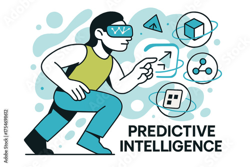 AI-Enhanced Evolution. Human evolution enhanced by AI. Character with glowing neural visor analyzing floating