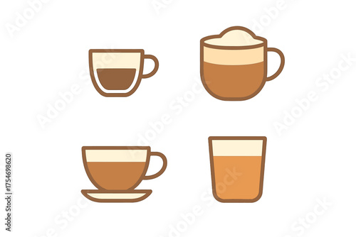 Set of four stylized coffee beverages including espresso cappuccino and latte drinks