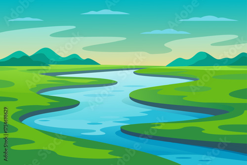 Tranquil river delta illustration with lush green marshlands