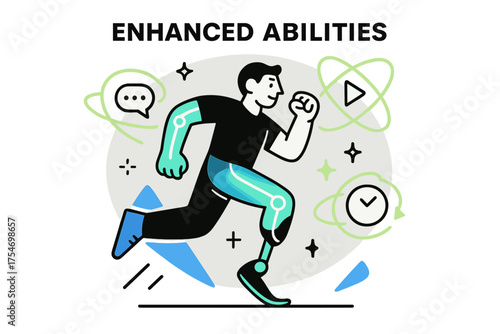 AI-Enhanced Evolution. Human evolution enhanced by AI. Character using glowing AI-enhanced prosthetics with