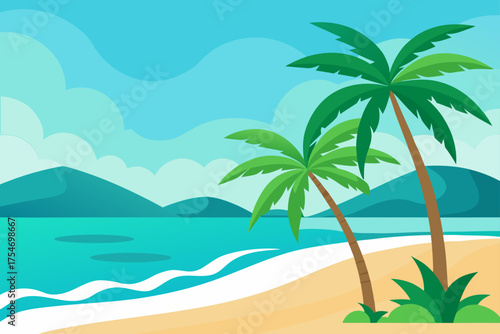 Tropical palm beach turquoise waves scenic vector illustration