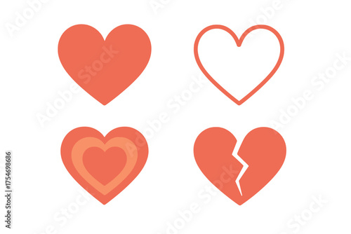 Collection of four different graphic heart symbols including solid, outline, broken, and nested shapes