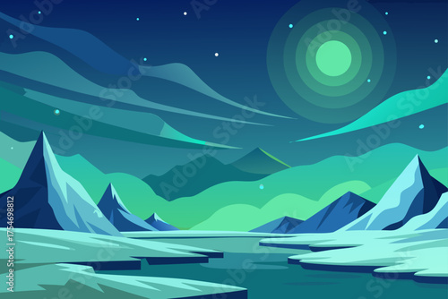 Vast tundra landscape northern lights aurora borealis vector illustration