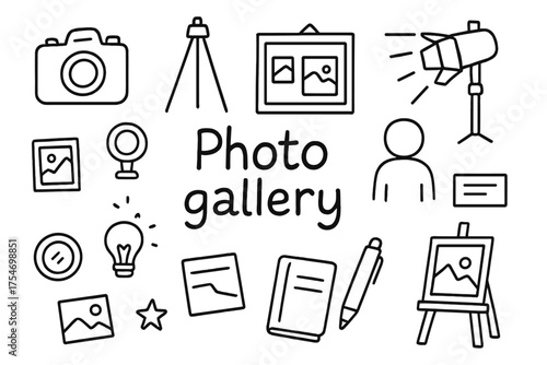 Artistic Photo Gallery. Photo gallery. Hand-drawn doodle illustration of Photo gallery. Camera, tripod, photo