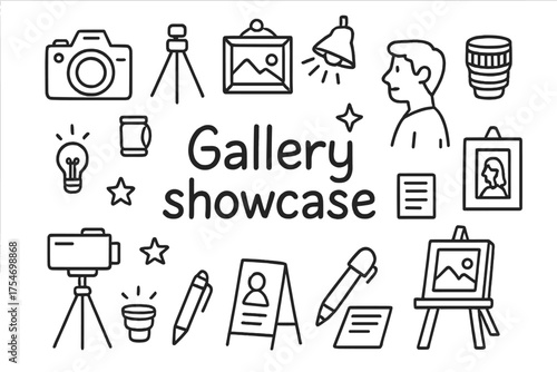 Gallery Doodle Showcase. Gallery showcase. Hand-drawn doodle illustration of Gallery showcase. Camera, tripod,