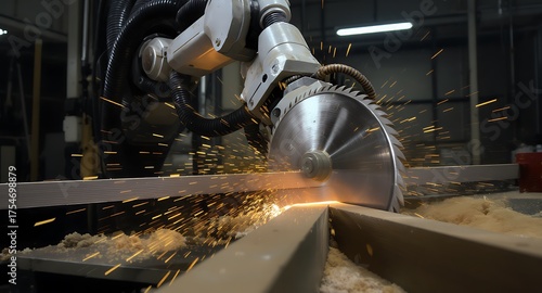 An industrial robotic arm uses a circular saw to cut through a metal beam, sending sparks flying in a workshop.