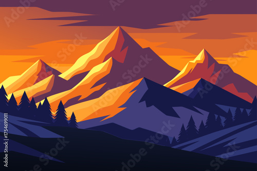 Vector mountain ridge golden sunset hour illustration