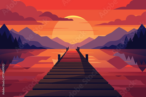 Wooden pier towards fiery sunset over lake mountains vector