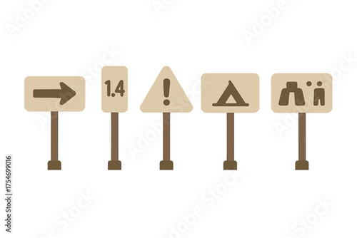 Five outdoor trail and park signs featuring direction, distance, warning, camping, and facility symbols