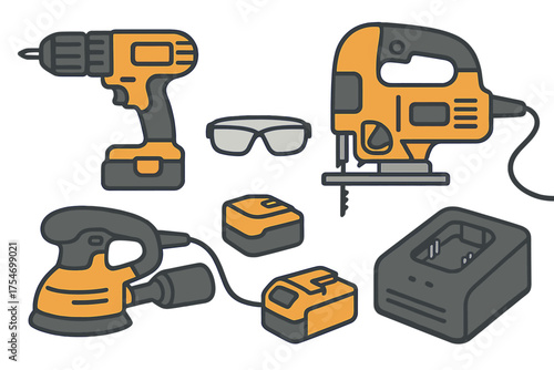 Collection of electric power tools and accessories including drill, jigsaw, sander, batteries, and safety glasses