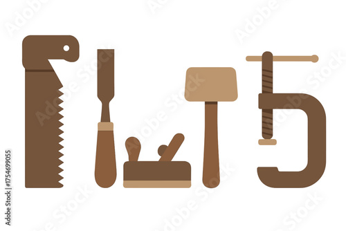 Collection of essential carpentry hand tools including saw, chisel, plane, mallet, and clamp