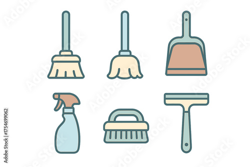 Household cleaning tools including brooms, dustpan, spray bottle, scrub brush, and squeegee