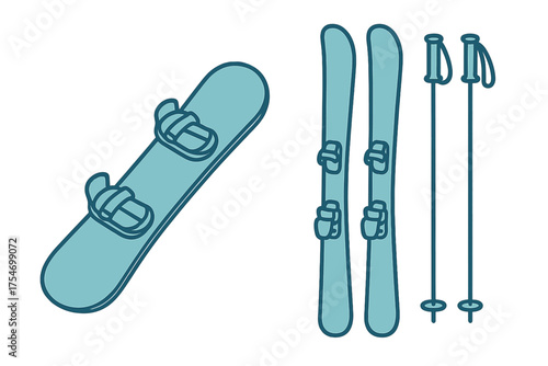 Snowboard, alpine skis, and ski poles set for winter recreation and mountain sports
