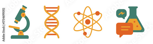 Science and lab essentials – microscope, DNA, atom, flasks