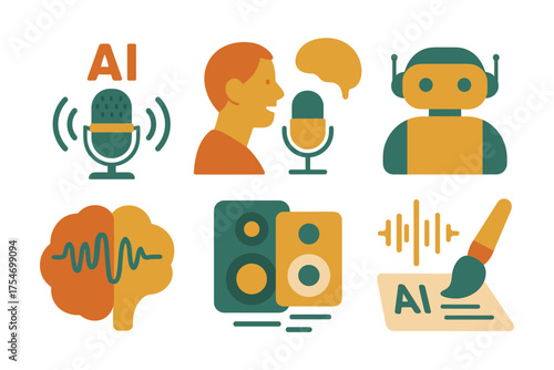 AI voice and audio toolkit, microphone, speech, robot, waveform, speakers