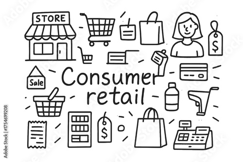 Consumer Retail Doodle. Consumer retail. Hand-drawn doodle illustration of Consumer retail. Store building,