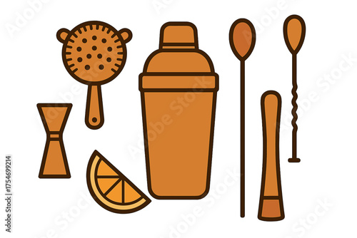 Bartender tools set with shaker jigger strainer muddler bar spoons and citrus slice