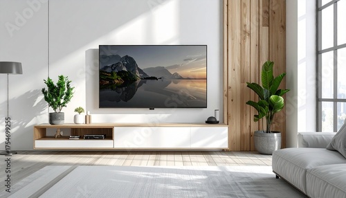 Modern Living Room Interior with TV Displaying Scenic Nature Views and Cozy Decor