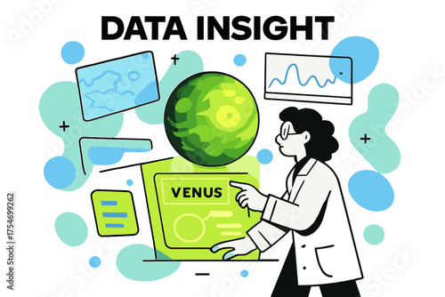 Venus Data Analysis. Venus exploration. Character analyzing glowing Venus data on holographic interface,