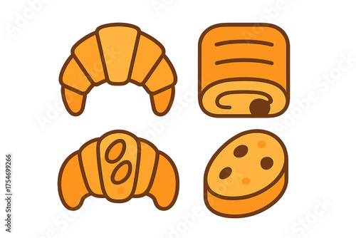 Delicious golden brown French croissants, sweet pastry roll, and cookie set