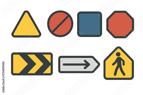 Blank traffic signs and road warning symbols for safety, direction, and regulation