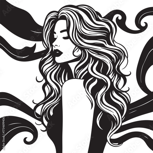 Vector art of stylish woman with voluminous wavy hair logo silhouette illustration.