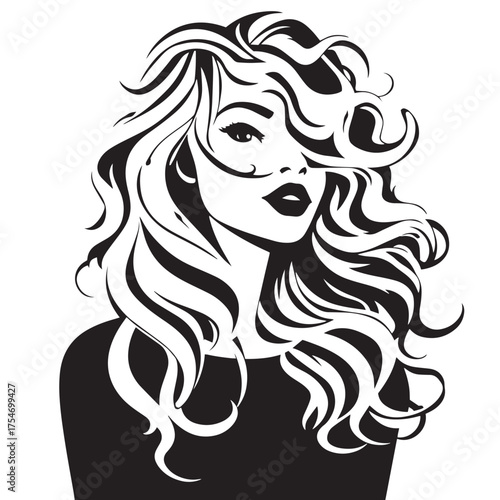Vector art of stylish woman with voluminous wavy hair logo silhouette illustration.
