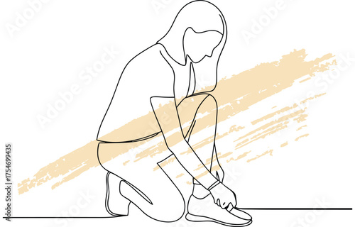 Minimalist single line drawing a person tying shoelaces one knee continuous