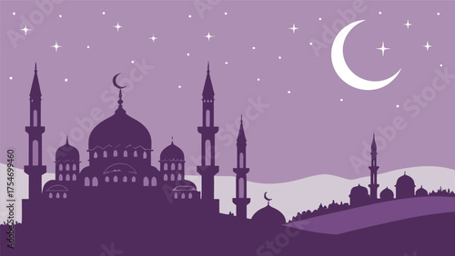 Purple-toned illustration of a peaceful desert night with mosques, crescent moon, stars, palm trees, and rolling hills evoking spiritual calm and Islamic cultural themes.