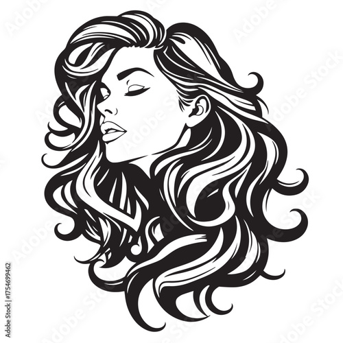 Vector art of stylish woman with voluminous wavy hair logo silhouette illustration.