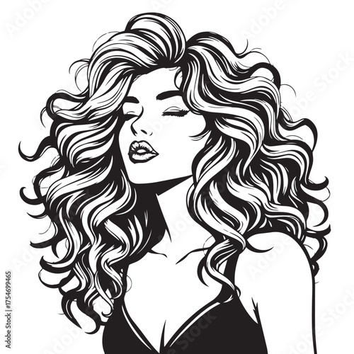 Vector art of stylish woman with voluminous wavy hair logo silhouette illustration.