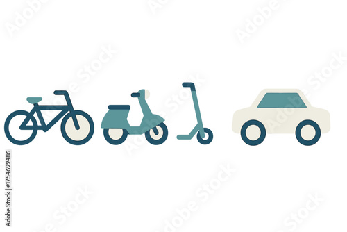 Various modes of urban transportation including bicycle, motor scooter, kick scooter, and passenger car