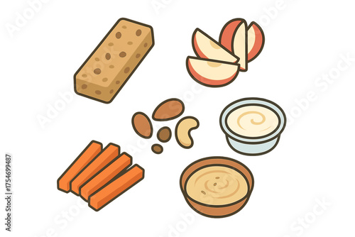 Isometric healthy snack set with granola bar apple slices nuts carrots and dipping sauces