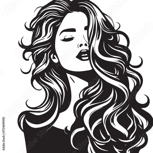 Vector art of stylish woman with voluminous wavy hair logo silhouette illustration.
