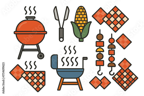 Hot charcoal grills, corn on the cob, skewers, and checkered picnic blankets for summer barbecue