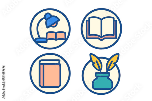 Collection of study and education symbols featuring books, desk lamp, and inkwell with quill pen