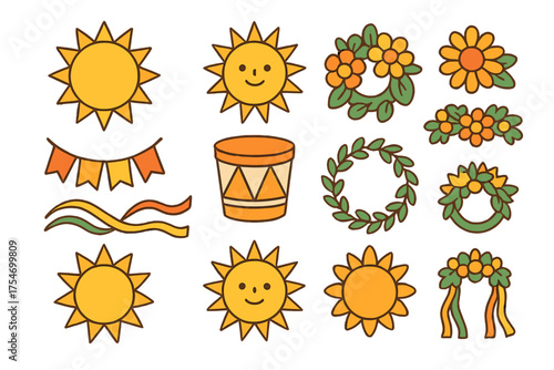 Retro style sun symbols, floral wreaths, festive banners, and drum icons set