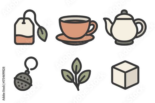 Outline icons set of tea preparation elements including teapot, cup, bag, and sugar