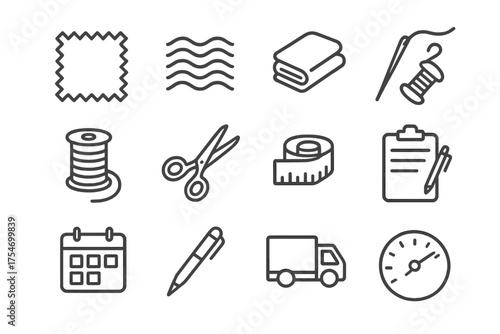 Icon Grid Pattern. Moiré Fabric and Driver’s Daily Log Sheet. Line outline icon set of Moiré Fabric and Driver