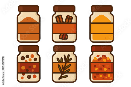 Six jars of aromatic cooking spices including cinnamon sticks, ground turmeric, and dried rosemary