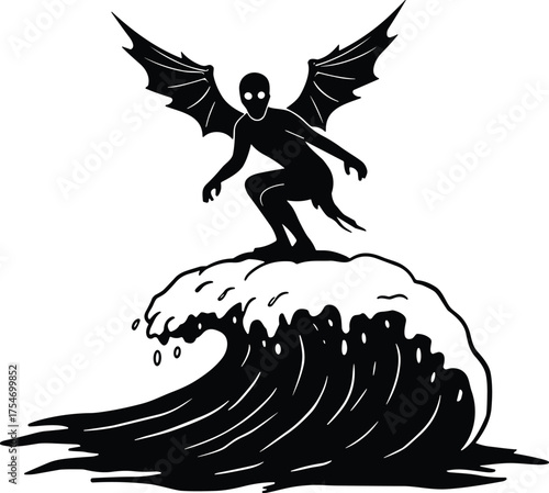 Bat-winged surfer silhouette, dark fantasy artwork, spooky surfing scene, creepy phantom design, haunted ocean wave, horror themed, supernatural creature, surreal illustration