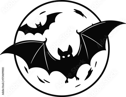Bats flying in front of full moon, spooky Halloween artwork, gothic horror design, eerie nocturnal illustration, mystical fantasy night scene