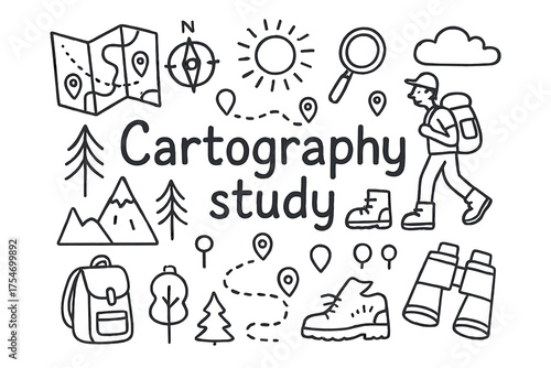 Cartography Study Elements. Cartography study. Hand-drawn doodle illustration of Cartography study. Map,