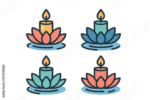 Decorative symbols showing lit candles resting on vibrant lotus blossoms floating on water